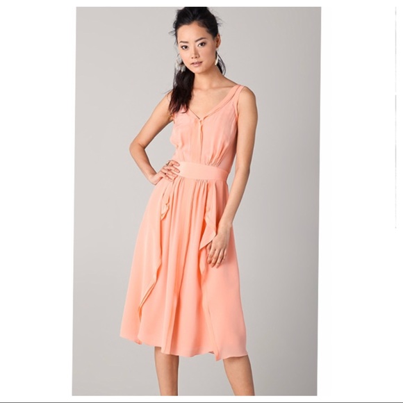 Rebecca Taylor v neck silk dress with ruffle peach